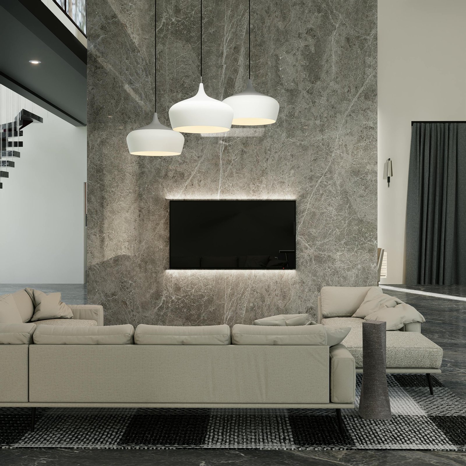 A sleek and modern living room with minimalist design, featuring a couch and contemporary lighting.